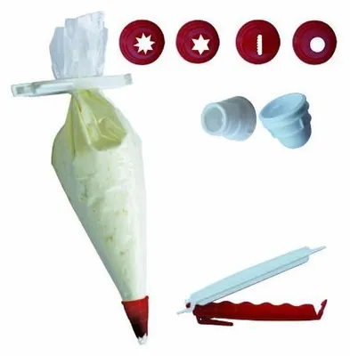 Produktbild von Einwegspritzbeutel 75 my, 30 cm,5-tlg. Spritzbeutelset, Dekorierset mit TüllenEinwegspritzbeutel 75 my, 30 cm m. 4 Tüllen u. Verschlußclip