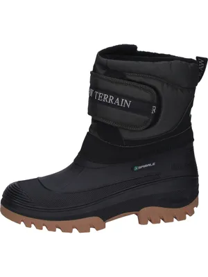 A single black winter boot with a brown sole is shown against a white background.