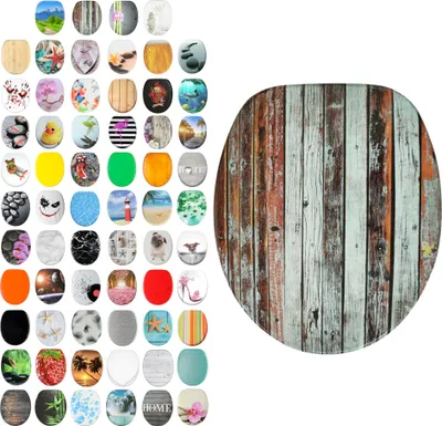 A collage of various toilet seat designs next to a single toilet seat with a wood plank design.