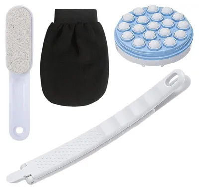 Produktbild von Rückenbürste mit Massagerollen, 50 cm langer Griff, faltbar, Lotionapplikator für den Rücken, für Baden und Körpermassage, mit Bimsstein, Fußpflege- und Peelinghandschuh