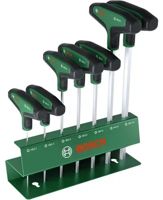 Produktbild von BOSCH Sechskant-Schraubendreher-Satz mit T-Griff, 7-teilig, 2 bis 10 mm, S2 Stahl, Metall Rack