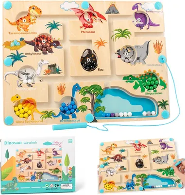 Produktbild von Dino Magnetspiel Labyrinth - Holz Montessori Spielzeug, Mädchen und Jungen