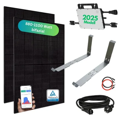 Produktbild von MYVOLTAICS Balkonkraftwerk MyCarport 880+ Watt mit Unterkonstruktion, bifazial, Hoymiles Wechselrichter WLAN 800 Watt, Steckerfertig - einstecken. fertig. - 5m