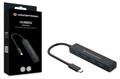 Produktbild von Conceptronic 4-Port-USB 3.0-Hub, USB-C-Anschluss, USB 3.2 Gen 1 (3.1 Gen 1) Type-C, USB 3.2 Gen 1 (3.1 Gen 1) Type-A, 5000 Mbit/s, Schwarz, 0,15 m, China