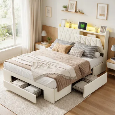 Produktbild von INONEFT Polsterbett 160x200 cm mit LED und USB, Jugendbett Doppelbett mit 3 Schubladen und Stauraum Kopfteil, Bettgestell mit Lattenrost, Samt Beige