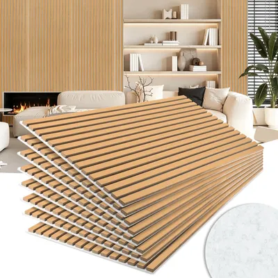 Obrázek produktu pro Eikuavons, sada 8 akustických panelů, rozměr 120 x 60 cm, Imitace dub 2240S, stříbrněšedý filc, MDF lamely, NRC 0,8
