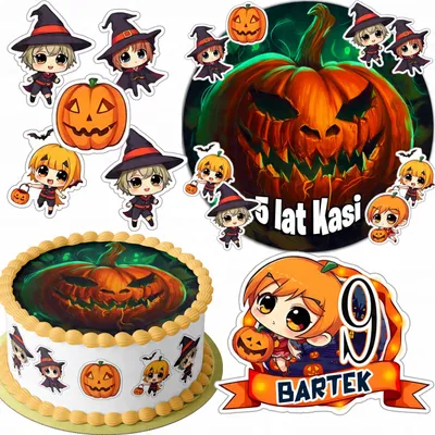 Zdjęcie produktu dla Zestaw Opłatek Na Tort 20Cm + 16 Postaci - Halloween + Imię 15Cm 18Cm