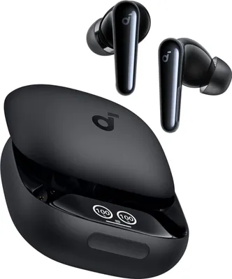 A pair of black wireless earbuds and their charging case are displayed against a white background.