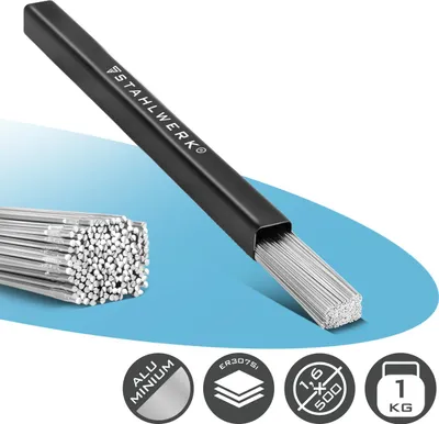 Product shot of welding rods in a black case, with inset image and icons.