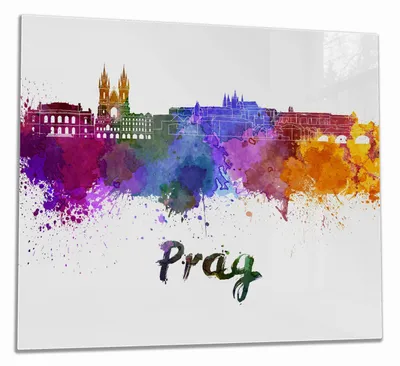 Produktbild von Wallario Herdabdeckplatte aus Glas, Größe 60 x 52 cm 1-teilig, Motiv Städte als Aquarell - Skyline von Prag