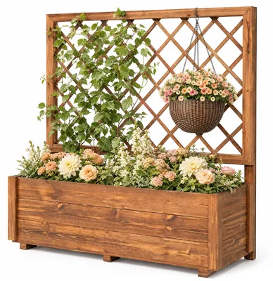 Produktbild von KOMFOTTEU Erhöhter Pflanzkasten aus Holz mit Rankgitter & Entwässerungslöchern, Hochbeet für Kletterpflanzen Blumen Kräuter Gemüse Früchte, Pflanzkübel für Innen Außen Terrasse Balkon, Natur