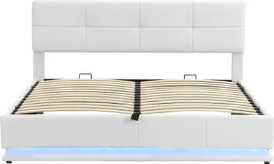 Produktbild von Flieks Polsterbett mit LED, hydraulisches Boxspringbett 180x200cm mit Lattenrost und Stauraum, Doppelbett Holzbett Jugendbett Kunstleder, Weiß