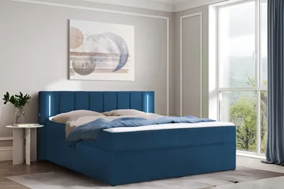 Produktbild von Polsterbett 200 x 200 cm mit Bettkasten und Matratze, Bonellmatratze H4, 2 USB-Ports, LED Beleuchtung, Blau Velours Velvet Iseria