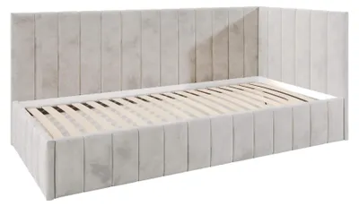 Obrázek produktu pro Dětská postel Denis 100 × 200 cm, čalouněná postel s úložným prostorem, moderní látka Riviera, béžová, pravostranná