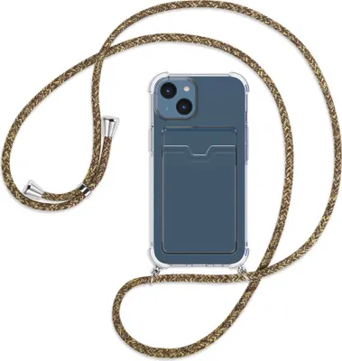 Produktbild von Handykette Backcover-Schutzhülle mit Band (Metall silberfarben) für Apple iPhone 14 (6.1'') - braun+beige