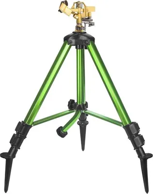 Obrázek produktu pro Zahradní postřikovač na stojanu s pružinovou 360° rozstřikovací hlavicí pro velké plochy, s prodlužovacími tyčemi, nastavitelnou mosaznou rozstřikovací hlavicí a 3/4" NH přípojkou pro hadici