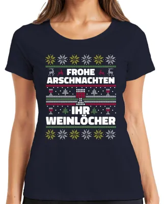 Produktbild von Frohe Arschnachten Ihr Weinlöcher Sarkasmus - Ugly Christmas Damen T-Shirt, Navy, XL