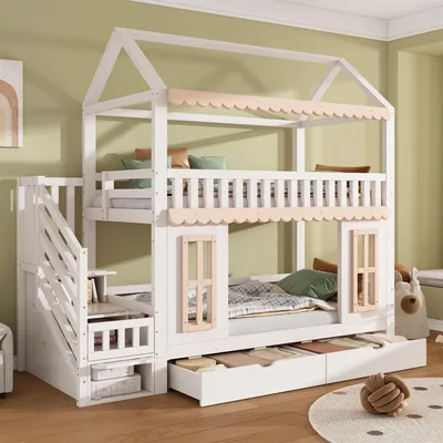 Image de Lit superposé Flieks 90 x 200 cm avec 2 tiroirs, lit enfant en forme de maison avec fenêtre et barrière de sécurité, lit mezzanine simple avec escalier, blanc