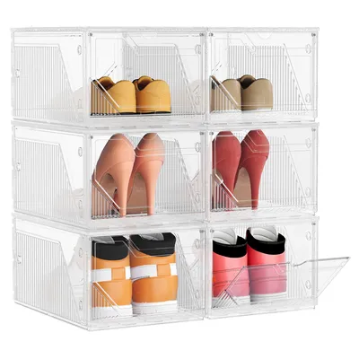 Produktbild von Schuhboxen 6er Set, aus Kunststoff, stapelbar quer und längs, Magnettverschluss, durchsichtig, bis Größe 46, weiß