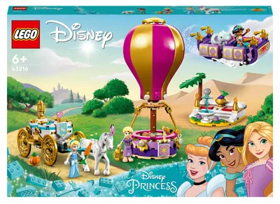 Produktbild von LEGO 43216 Disney Prinzessinnen auf magischer Reise Spielzeug mit Cinderella, Jasmine, Rapunzel Mini-Puppen, Spielzeugpferd & Kutsche, fliegendem Teppich, Heißluftballon für Mädchen und Jungen
