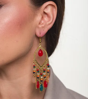 Immagine prodotto di Orecchini lunghi Boho in stile retrò orientale, metallo e perline, 9,5 cm x 2,5 cm