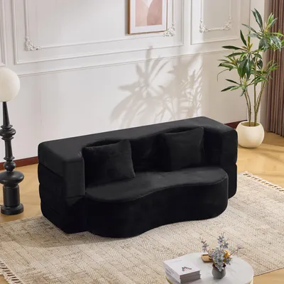 Produktbild von okwish Klappsofa mit zwei Kissen,gebogenes Design, klassisches Sofa mit Schlaffunktion, ohne Montage, Schlafsofa in Schwarz