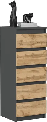 Produktbild von VBChome Kommode mit 5 Schubladen 40 x 39 x 105 cm Anthrazit mit Eiche Grifflose Schubladenkommode Mehrzweckschrank für Flur Schlafzimmer Wohnzimmer