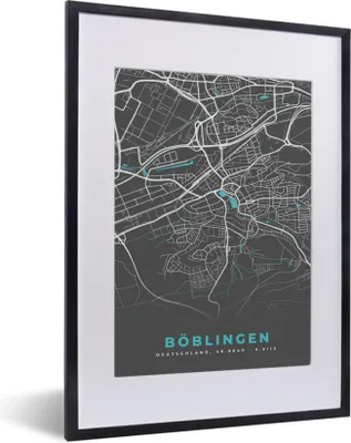 Produktbild von MuchoWow® Gerahmtes Poster Stadtplan - Karte von Deutschland - Blau - Böblingen - Karte 30x40 cm - Poster mit Schwarzem Bilderrahmen Wandposter Rahmen Foto Bilder - Wandposter Schlafzimmer
