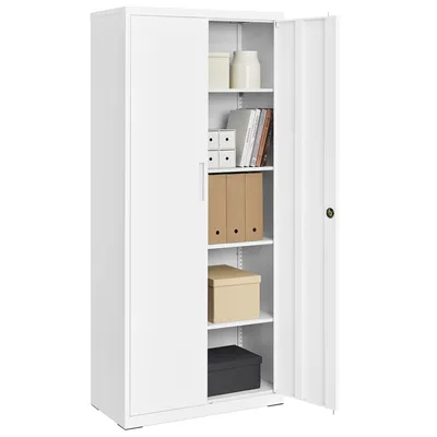 A white metal storage cabinet with its right door open, revealing several shelves with various items like boxes, binders, and containers.