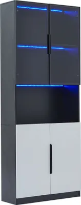Produktbild von okwish Vitrine，Aufbewahrungsschrank，Sideboard mit Glastüren,Highboard mit LED-Leuchten&Bücherregal，weiße Türen，schwarz