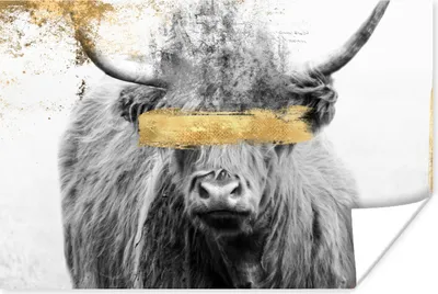 Produktbild von MuchoWow® Poster Schottischer Highlander - Gold - Schwarz - Weiß 180x120 cm - Fotoplakat