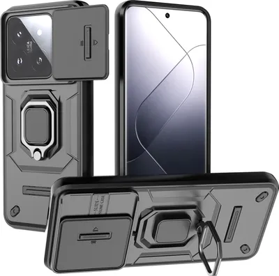 Immagine prodotto di Custodia per Xiaomi 14 Pro a doppio strato con protezione scorrevole della fotocamera e supporto ad anello, supporto nero
