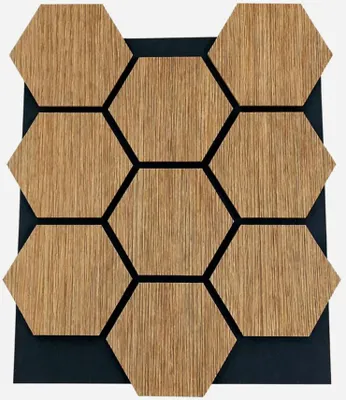 Zdjęcie produktu dla Dekoracyjny panel z płyty MDF z sześciokątnym wzorem i filcem PET, zestaw 12 sztuk, 62x76 cm, dźwiękochłonna okładzina ścienna, dąb.