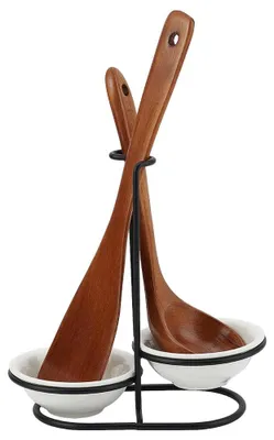 Keramischer Löffelhalter mit Edelstahlständer, 2 Schalen, 21,5 cm