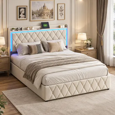 Image de INONEFT, lit hydraulique 140 x 190 cm, lit rembourré avec rangement et éclairage LED, lit double avec ports USB et sommier à lattes, lit pour adultes, en velours, couleur beige