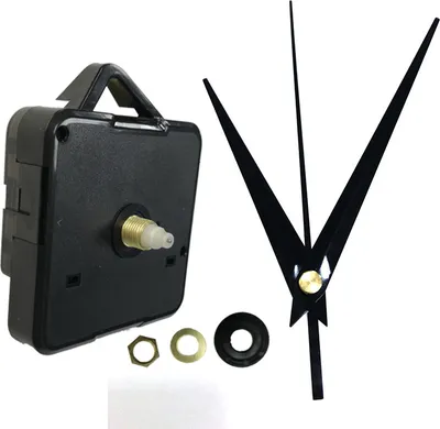 A clock movement mechanism and its accompanying hands and hardware are displayed against a white background.