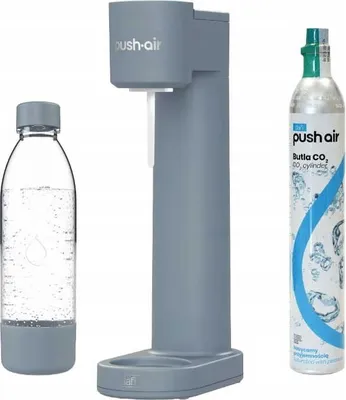 A soda maker, a bottle, and a CO2 cylinder are displayed against a white background.