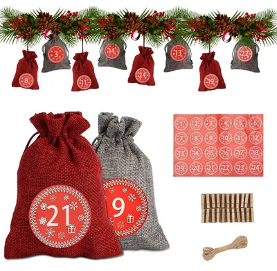 Image de Eikuavons : 24 calendriers de l'Avent à remplir, décorations de Noël, autocollants, sacs en tissu réutilisables, kit de loisirs créatifs, ensemble de décoration, rouge/gris