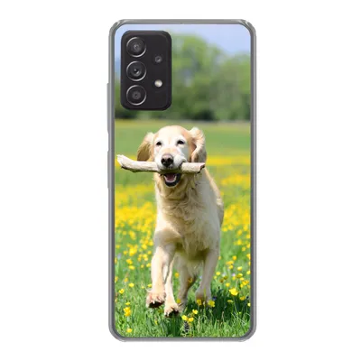 Produktbild von MuchoWow® Handyhülle Schutzhülle Hülle für Samsung galaxy a73 Golden Retriever mit einem Zweig im Maul zwischen gelben Blumen Silikon Softcase Handy Hülle - Handyhülle