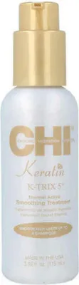 A white bottle with a gold pump dispenser, featuring the CHI Keratin K-Trix 5 logo and product information.