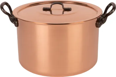 A copper pot with a lid and handles on a white background.