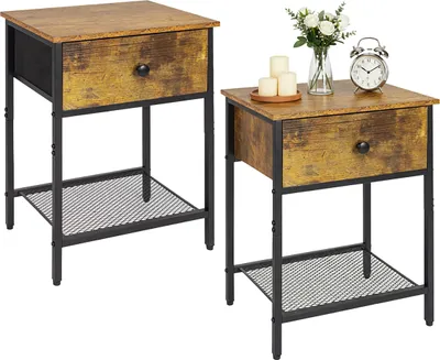 Produktbild von Relaxdays Nachttisch 2er Set, Schublade & Ablage, HxBxT: 55x40x30 cm, Industrial, Holzoptik, Metall, dunkelbraun/schwarz
