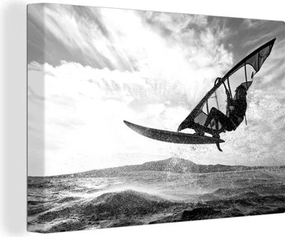 Obrázek produktu pro OneMillionCanvasses® - Obrazy na plátně - 140x90 cm, A Windsurfer Freestyling - černobílé, Nástěnné umění tisk Nástěnná dekorace
