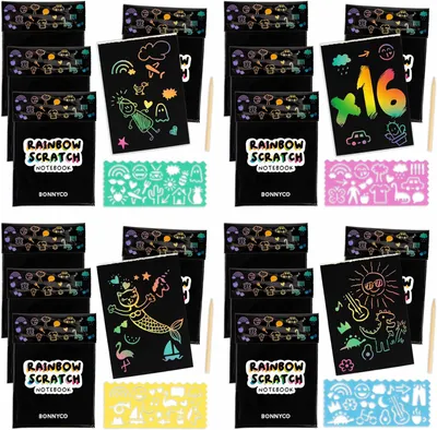 Productafbeelding van Regenboog Kraskaarten voor Kinderen, 16 Sets met Notitieboek, Sjabloon en Houten Pen. Traktaties, Klasprijzen en Cadeaus voor 3-12 Jaar
