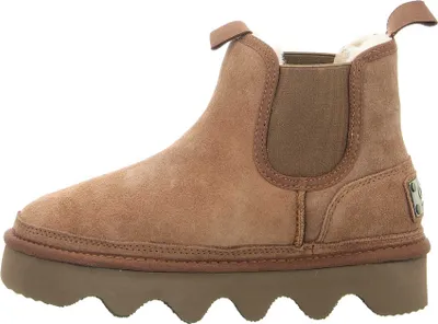A side view of a single brown boot.