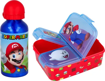 Produktbild von Super Mario Alu-Trinkflasche Sportflasche + Premium Brotdose Lunchbox Lunch-Set