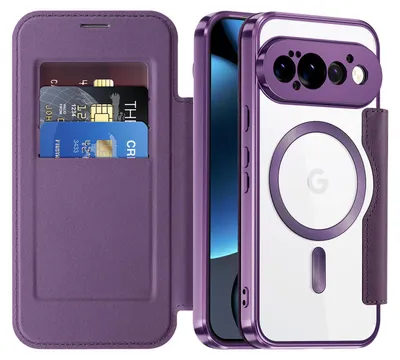 Obrázek produktu pro Pouzdro pro Google Pixel 11 Pro kompatibilní s MagSafe, průhledné pouzdro s držákem karet, kožené pouzdro s ochranou kamery Fialová