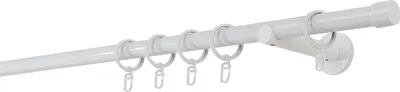A white curtain rod with rings and a wall bracket, isolated on a white background.