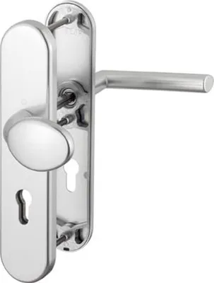 A close-up studio shot of a silver door handle set on a white background.