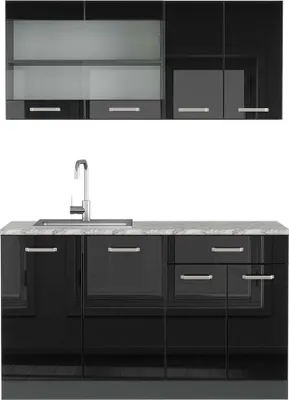 Produktbild von Singleküche Vicco R-Line Schwarz Hochglanz 140 cm , AP Marmor, Model 42955